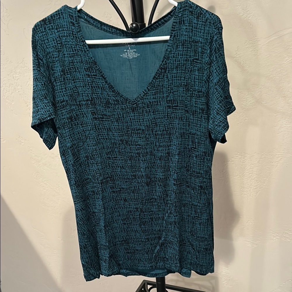 Teal Patterned V-Neck Women's Top